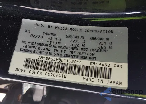 2020 Mazda Mazda3 Preferred Package из США, поврежденный, VIN JM1BPBDM8L1172014